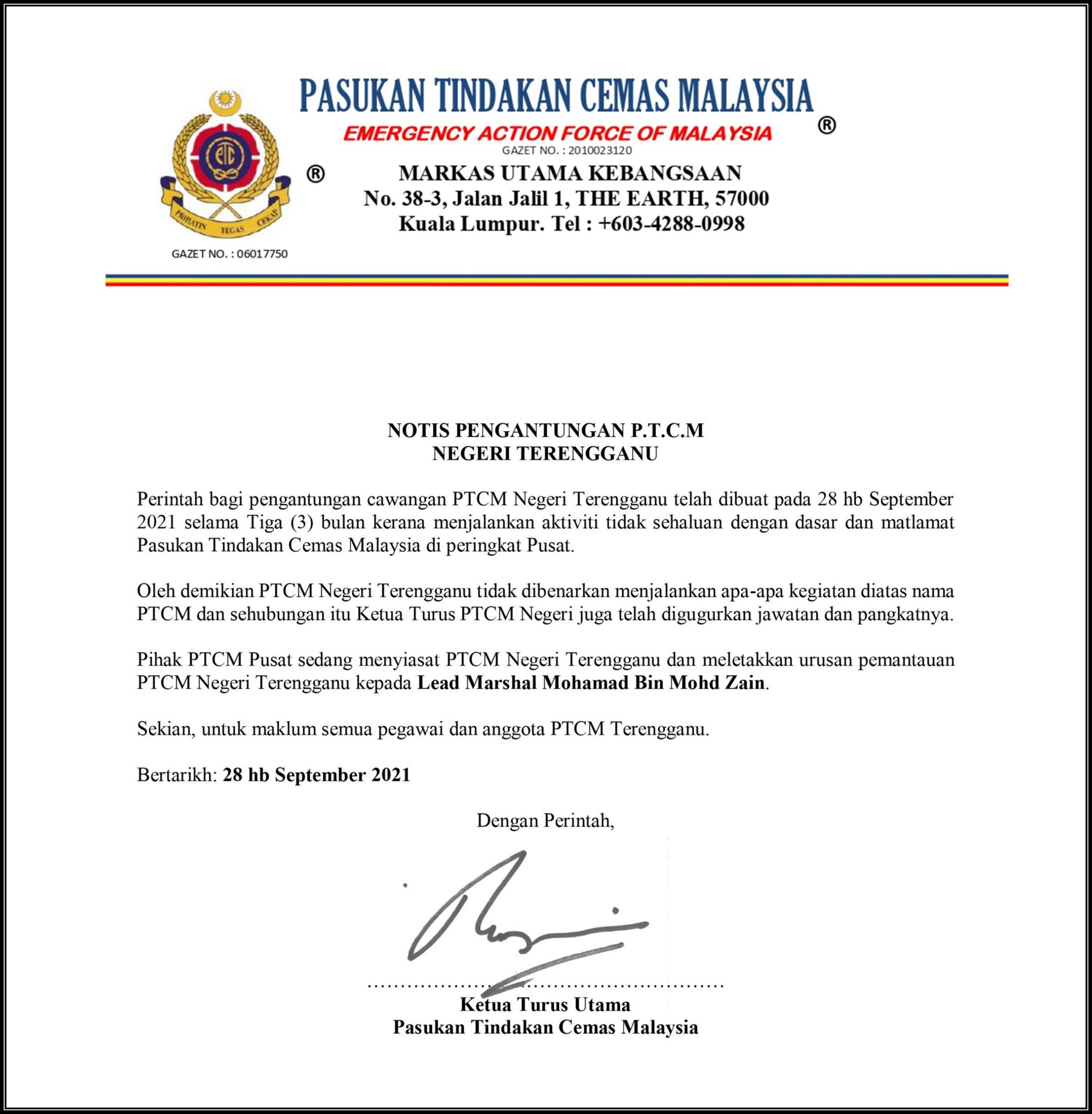 Notis Pengantungan PTCM Negeri Terengganu